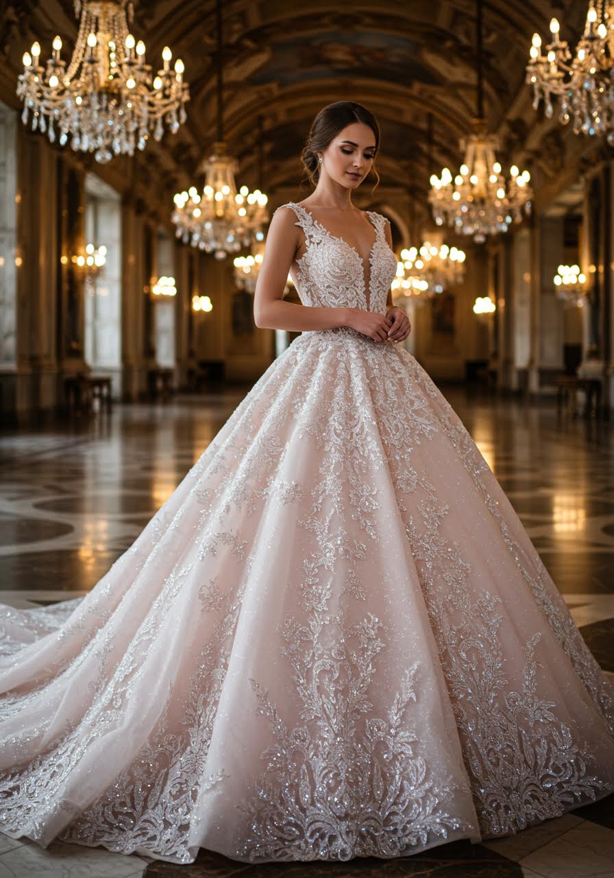Elaborate lace princess ballgown with intricate beadwork and embroidered floral motifs in grand marble ballroom with crystal chandeliers