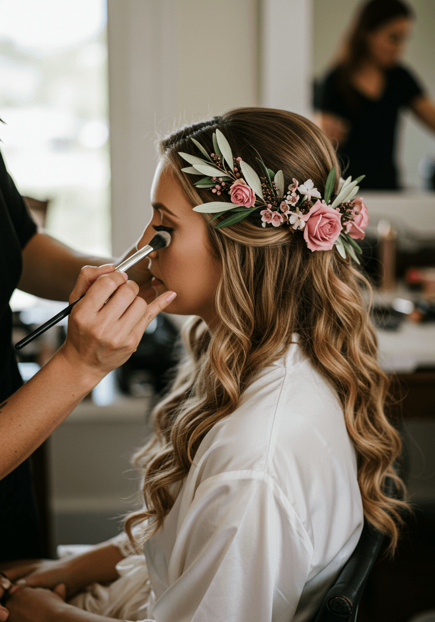 Detail shot of bride's floral hair accessory with dusty rose blooms and eucalyptus during bridal preparation
