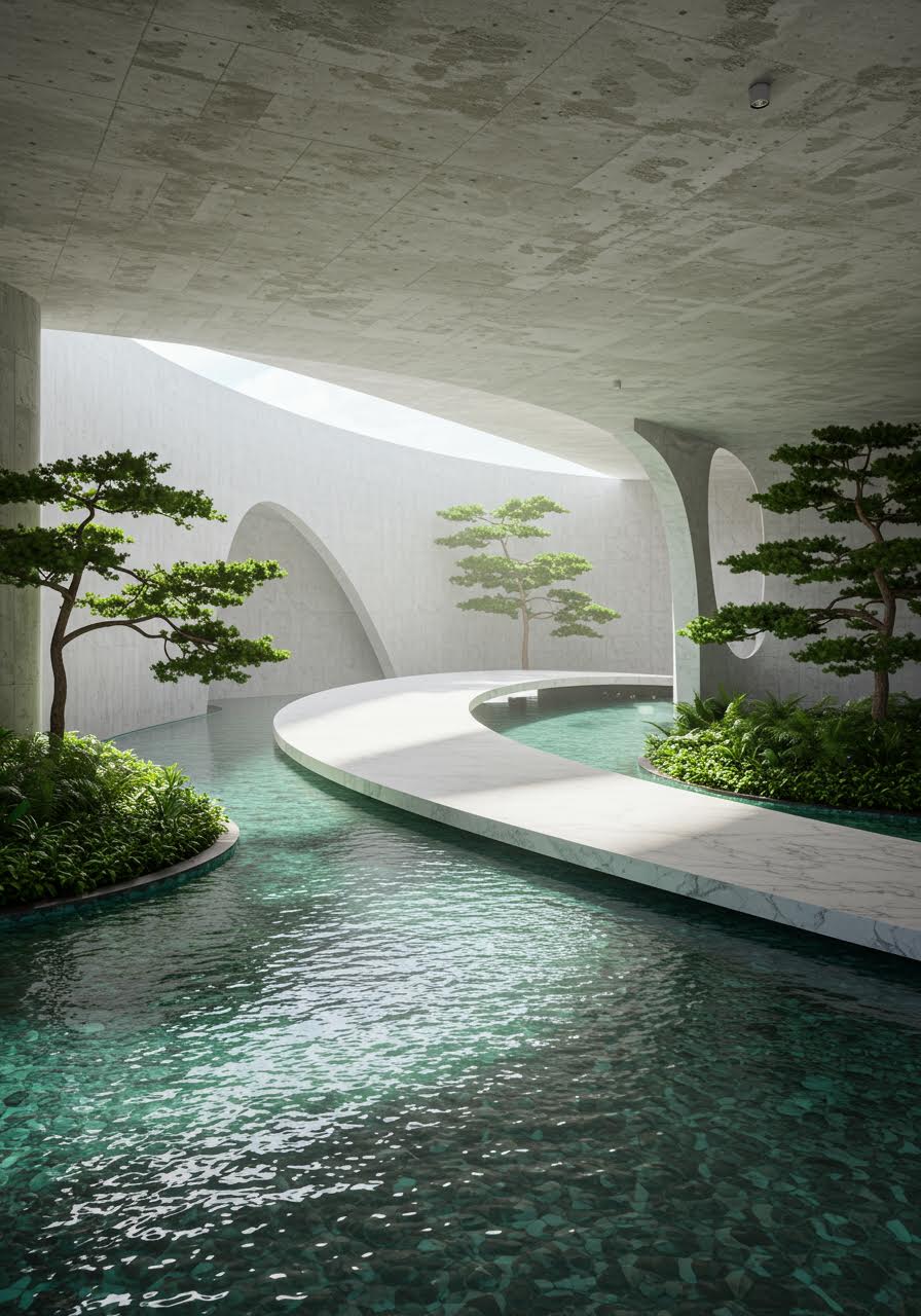 Marble bridge spanning reflecting pool in minimalist wedding sanctuary