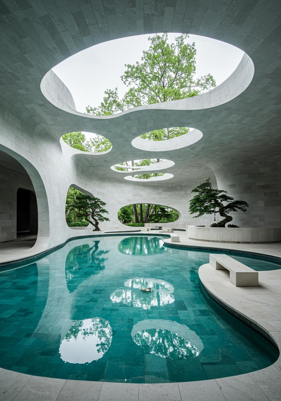 Macro view of pool reflection creating abstract patterns in ceremony space