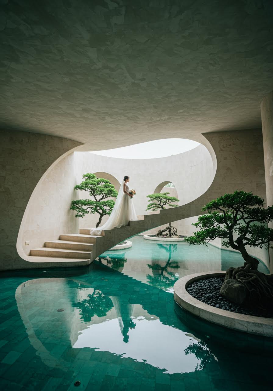 Bride on floating staircase in architectural sanctuary with dramatic lighting