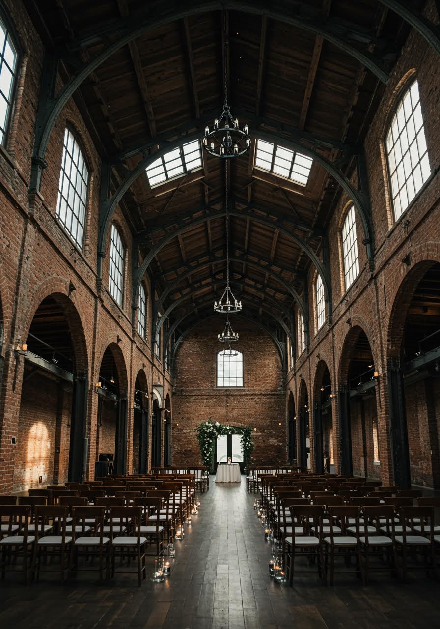 Wedding ceremony setup in soaring industrial warehouse cathedral with exposed brick walls and massive steel trusses