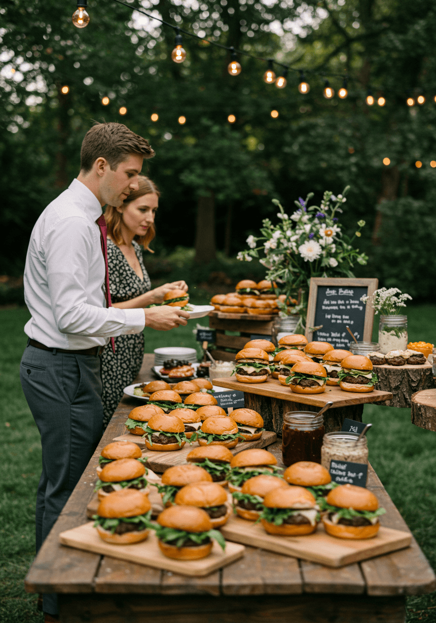 Wedding guest selecting from elegant gourmet burger options at outdoor garden food station