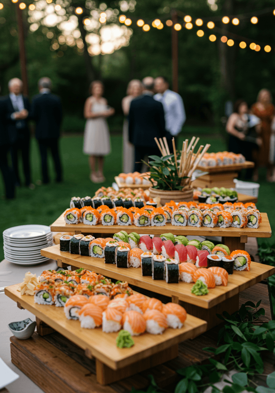 Professional sushi bar display with fresh nigiri and maki rolls on bamboo platters at garden wedding