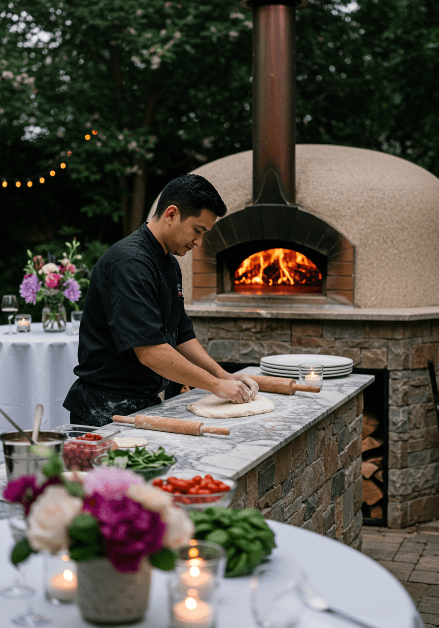 Close-up of hands shaping pizza dough with stone oven and garden backdrop at twilight reception