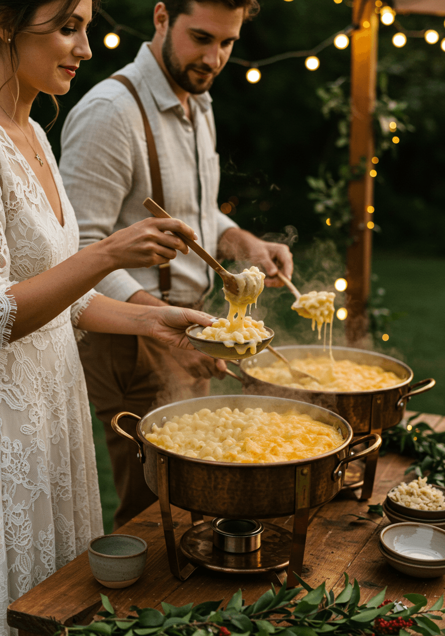 Bride and groom serving mac and cheese from copper chafing dish at rustic garden wedding