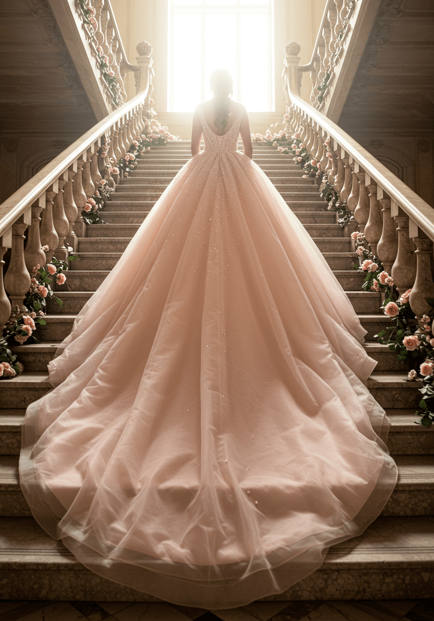 The voluminous skirt of a blush pink wedding dress cascading down a grand marble staircase