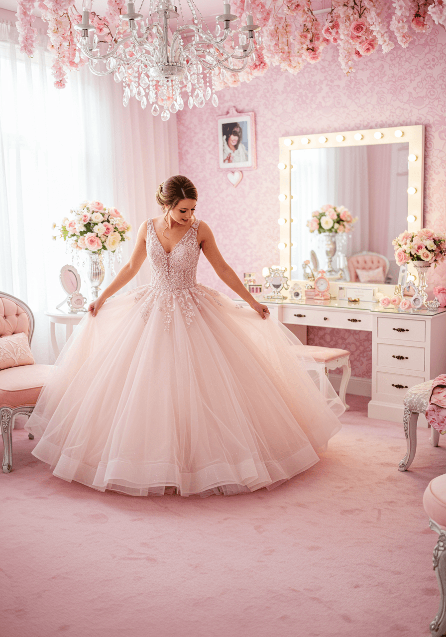 Full shot of a joyful bride in a blush pink ball gown wedding dress surrounded by whimsical decorative elements