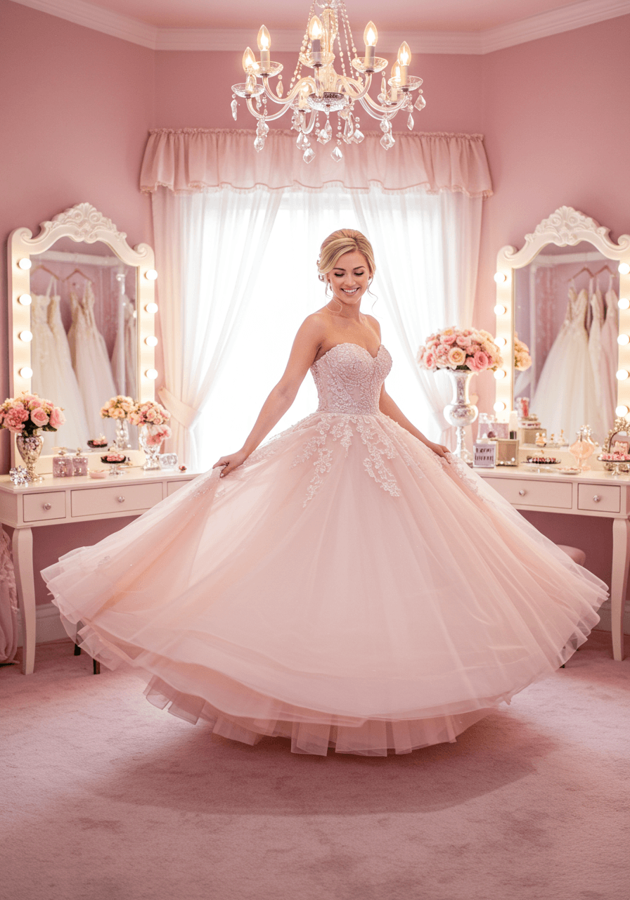 A bride having her fairytale twirl moment in a fantasy boudoir wearing a blush pink wedding dress