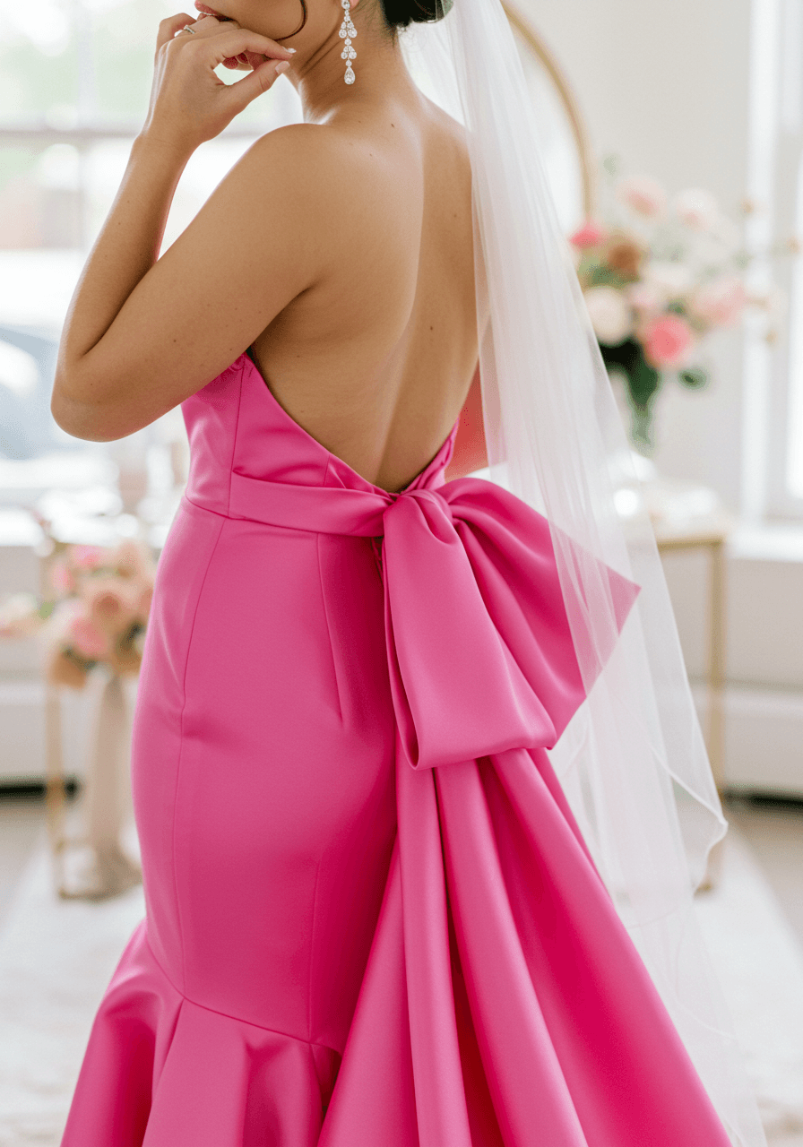 Three-quarter shot of a bride in a vibrant hot pink satin wedding dress with a dramatic ruffled skirt