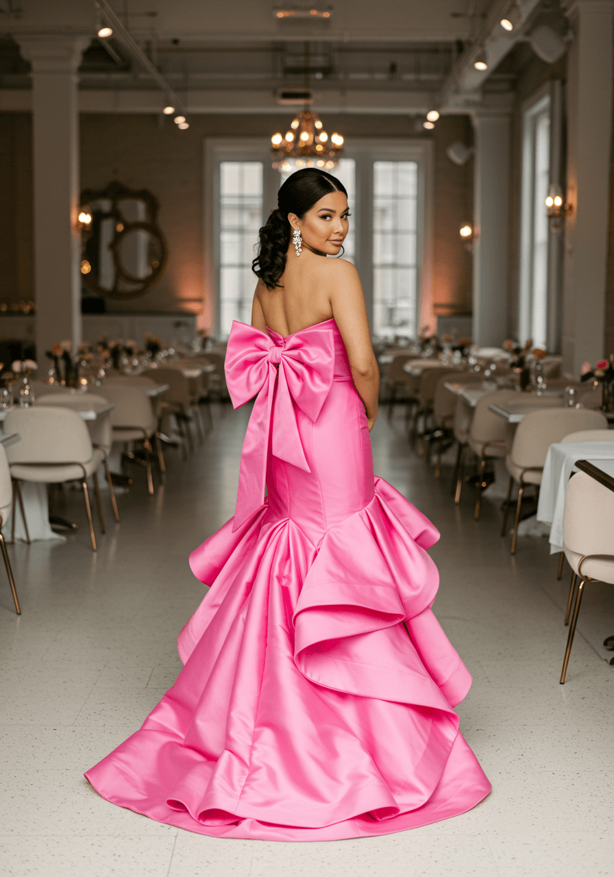 Bride confidently posing to showcase the sleek sophistication of her hot pink mermaid wedding dress