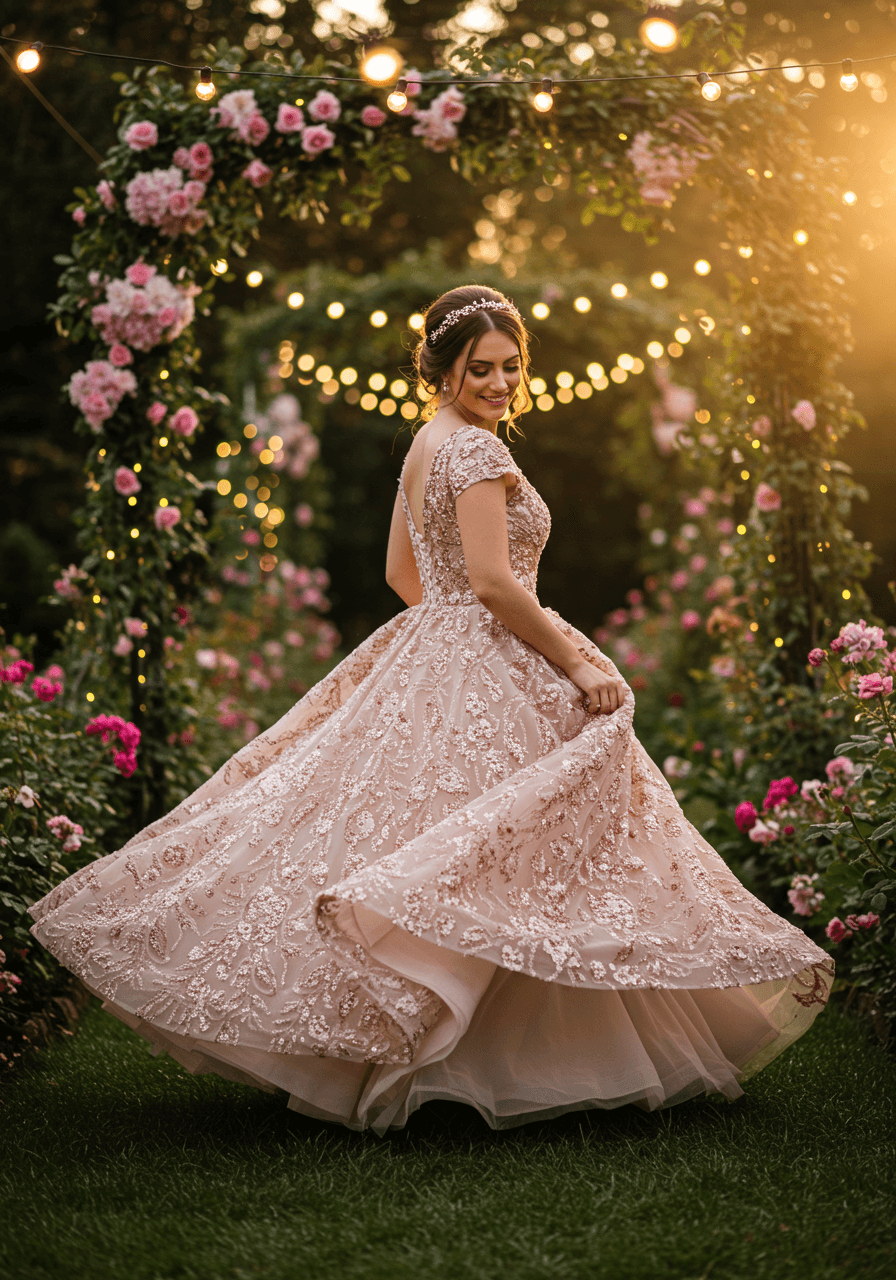 Bride in an enchanted garden showcasing a glamorous rose gold sequin ballgown wedding dress