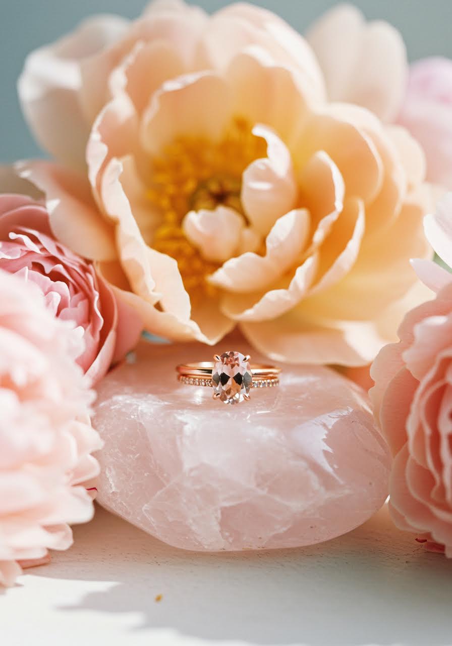 Close-up detail of peachy-pink morganite's brilliant clarity in romantic floral styling