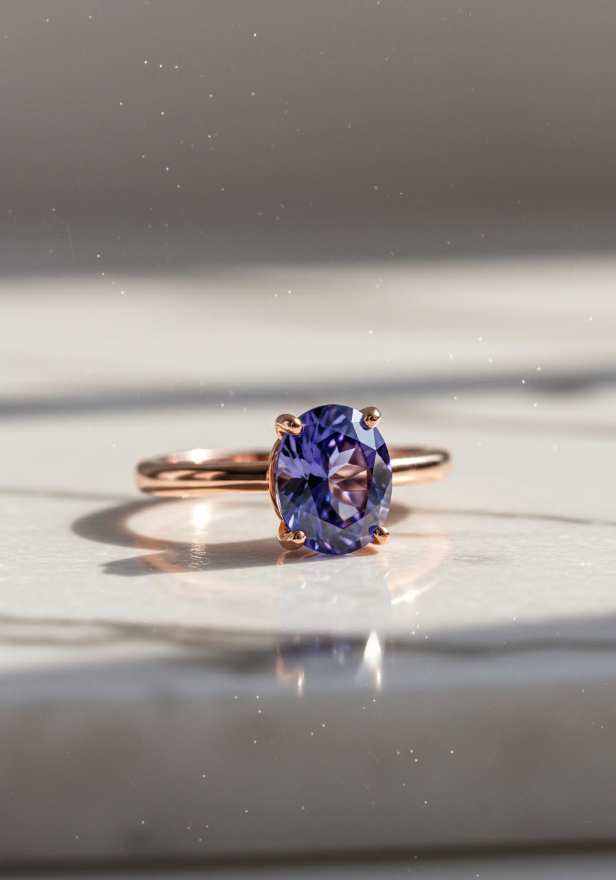 Exquisite rose gold tanzanite engagement ring displaying deep violet-blue colour on marble