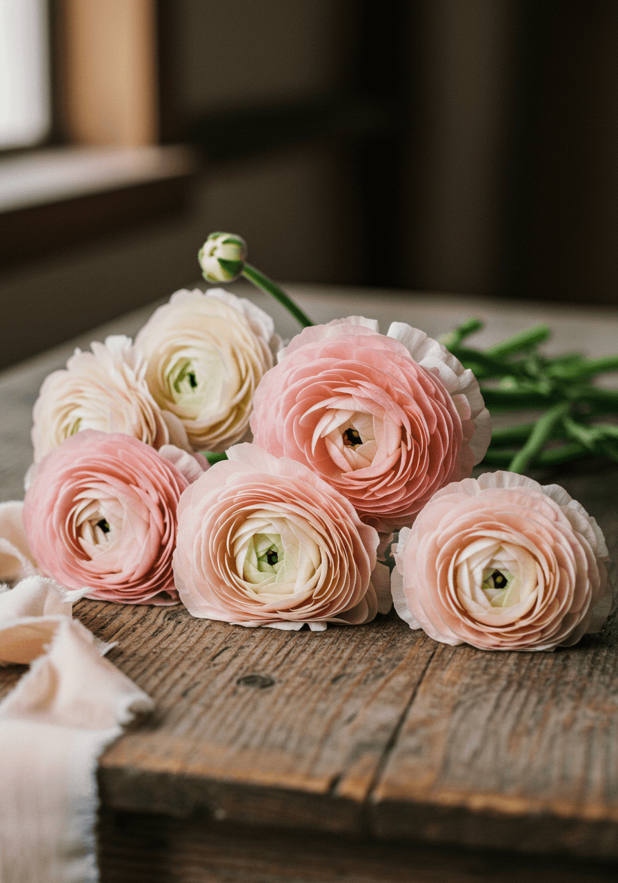Blush and cream ranunculus stems on vintage wooden table in rustic setting