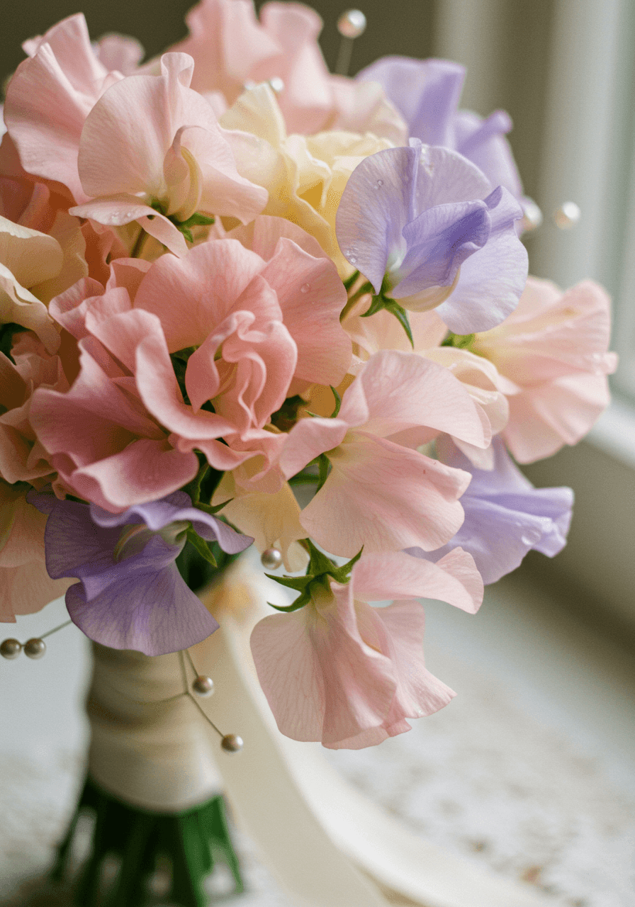 Macro detail of sweet pea flowers with ruffled petals on vintage lace tablecloth