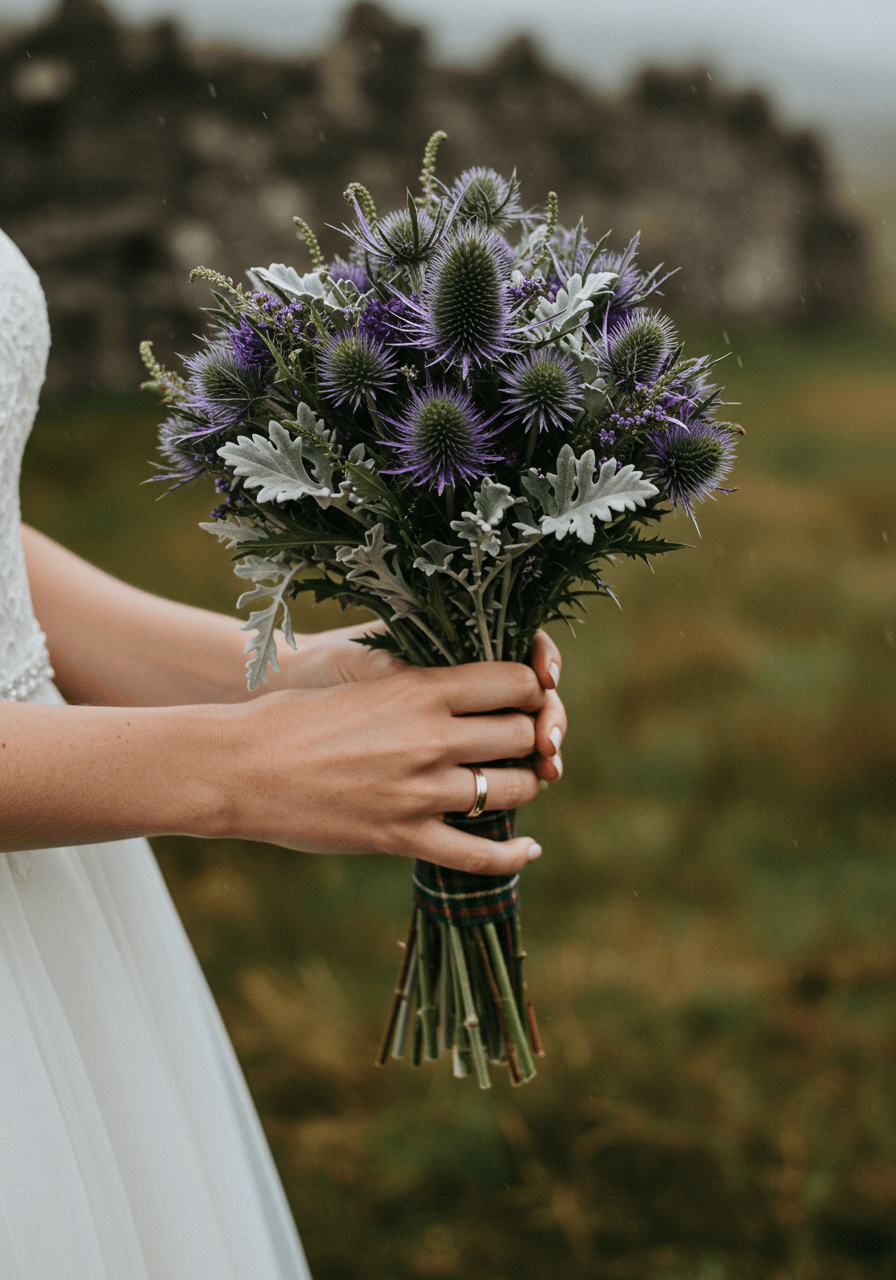 Bride's hands holding purple Scottish thistle bouquet in misty Highland meadow