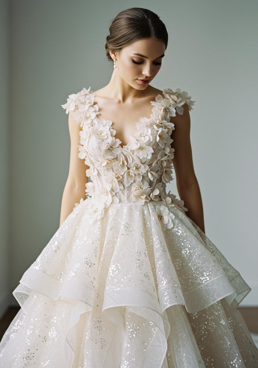 Macro detail shot of intricate floral beadwork and embroidery on ballgown fabric