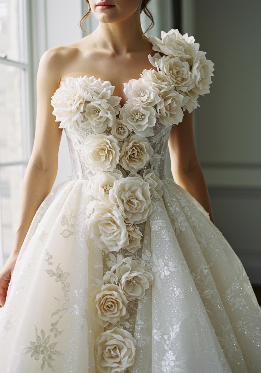 Studio close-up of waterfall bloom details on bridal gown with dramatic lighting