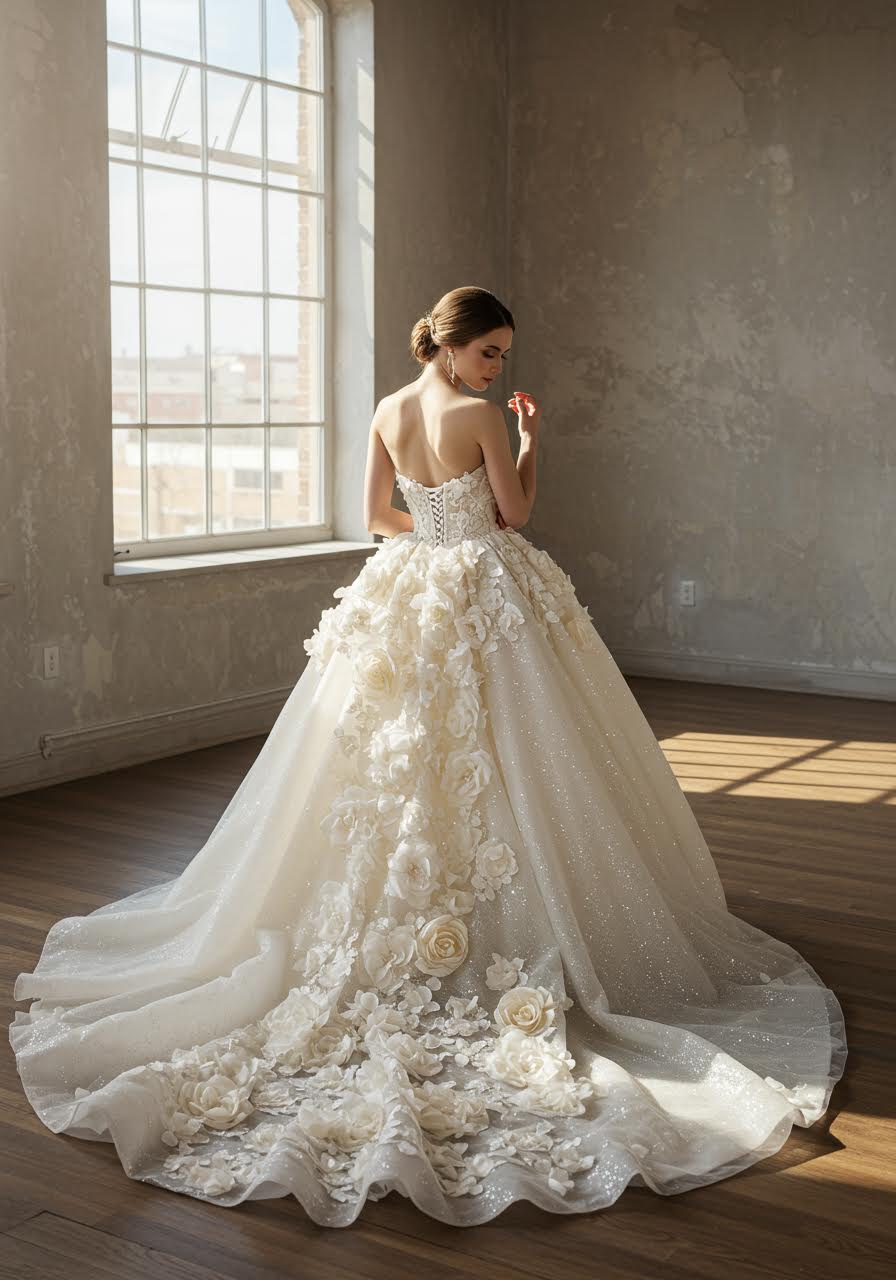 Full studio portrait showcasing cascading floral gown design and dramatic silhouette