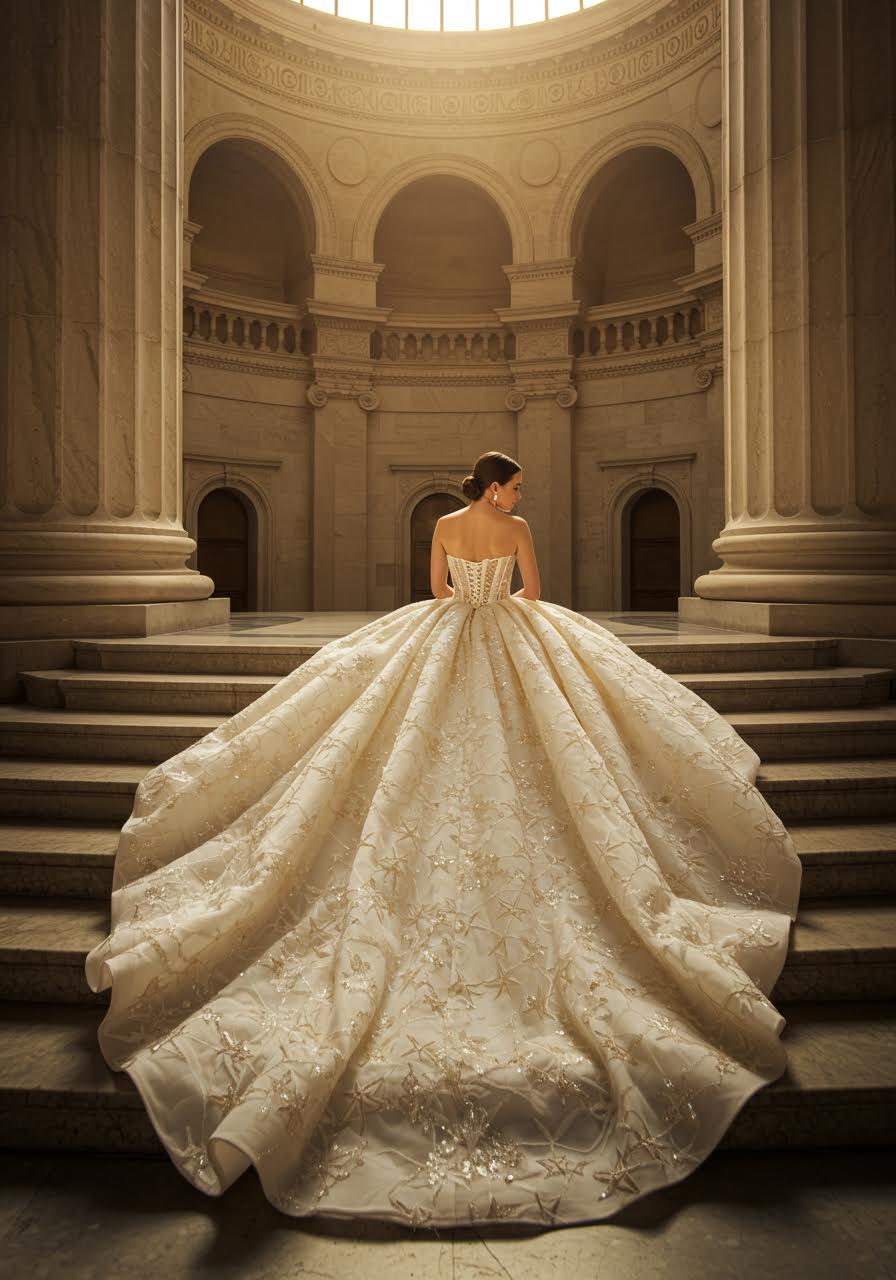 Full-body shot of bride in celestial gown against classical architecture during golden hour