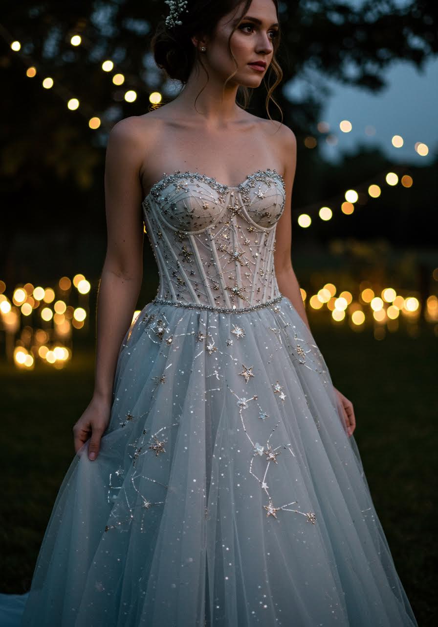 Bride in celestial corset gown with structured bodice standing in moonlit garden setting