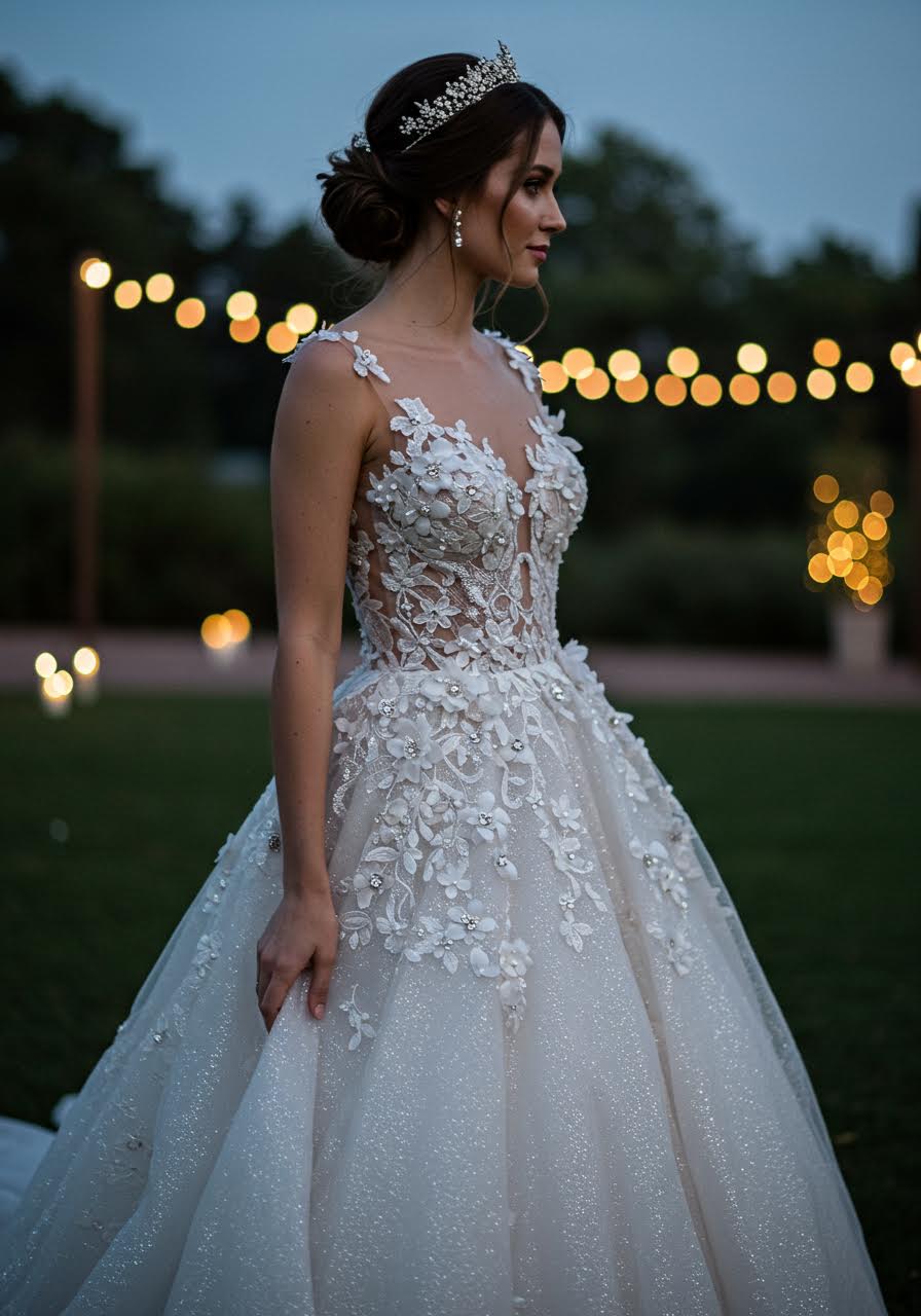 Bride in celestial floral dress standing in moonlit garden with twinkling lights