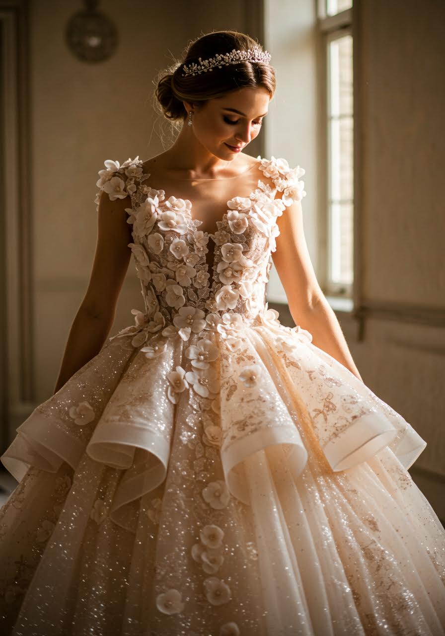 Bride in enchanting floral ballgown during golden hour with warm sunlight filtering through