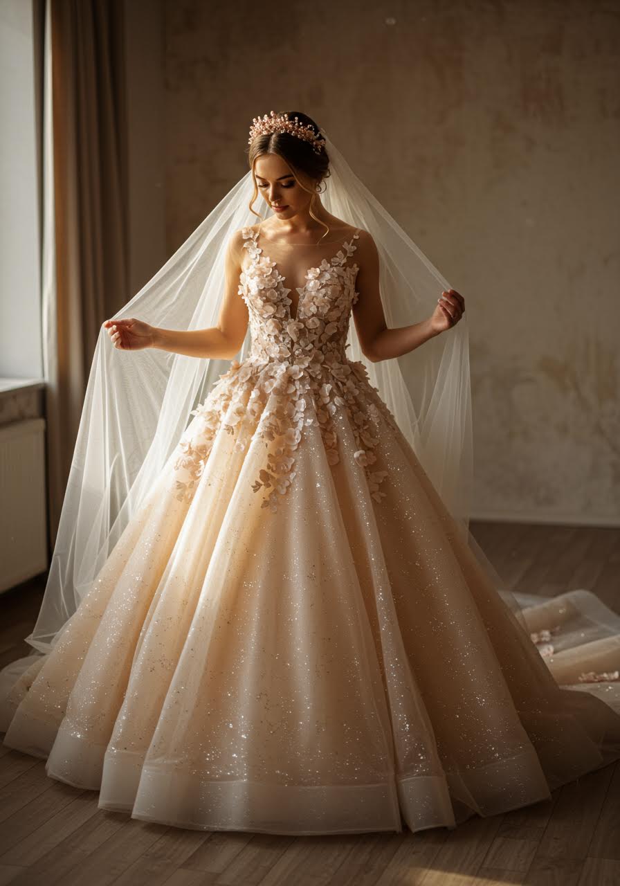 Full-length portrait of bride in artist studio wearing elaborate floral ballgown