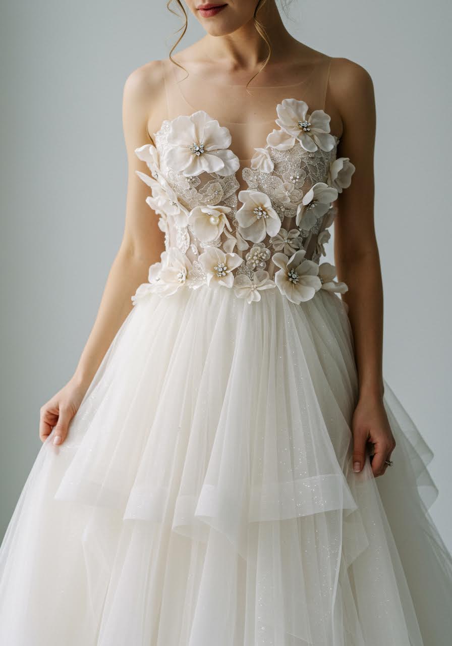 Bride touching flowing skirt details while wearing ethereal floral gown with delicate positioning