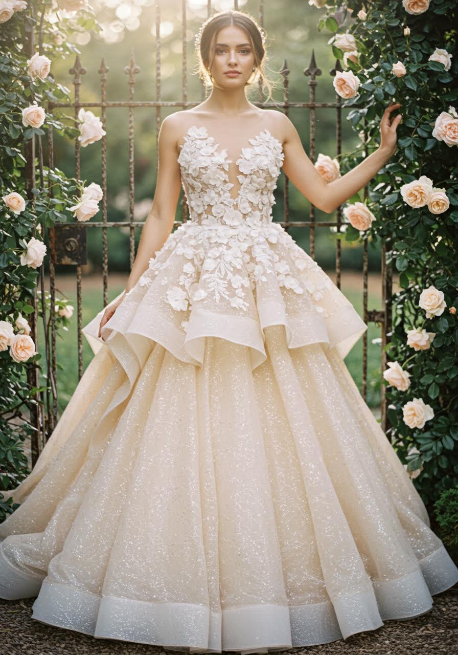 Bridal portrait against ornate garden gate with climbing roses and romantic lighting