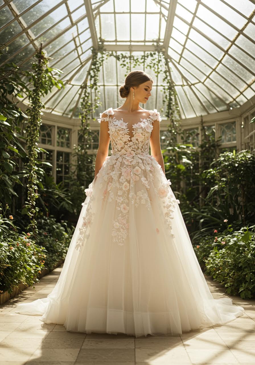 Dramatic low-angle shot of bride in conservatory with architectural glass structure above