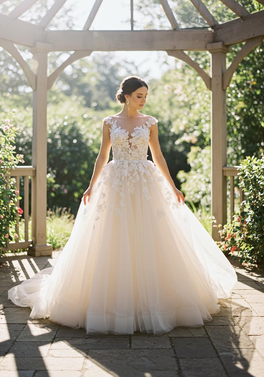 Wide shot of bride in garden pavilion with architectural columns and natural surroundings