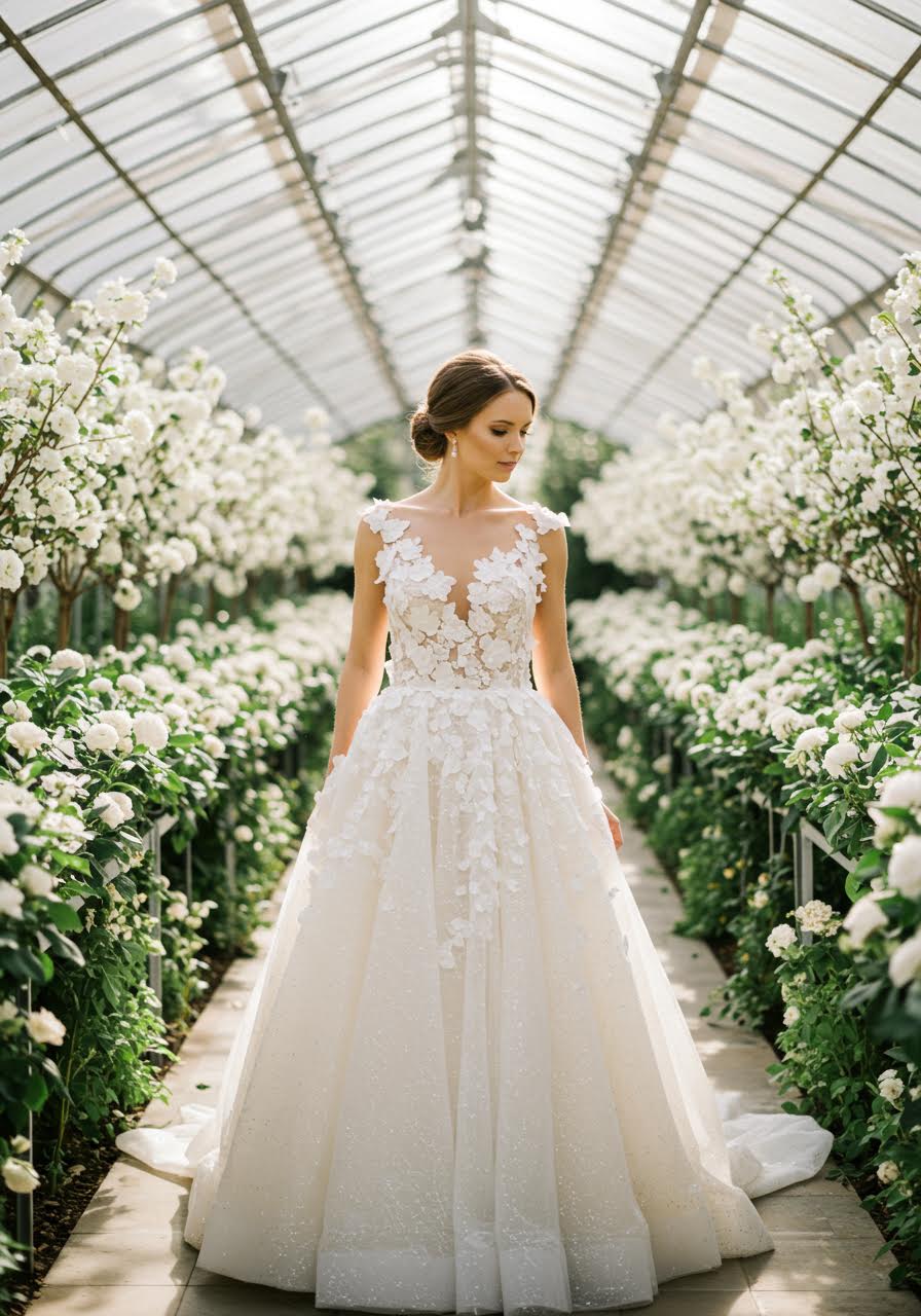 Bride in ivory floral gown with monochromatic blooms standing in bright conservatory