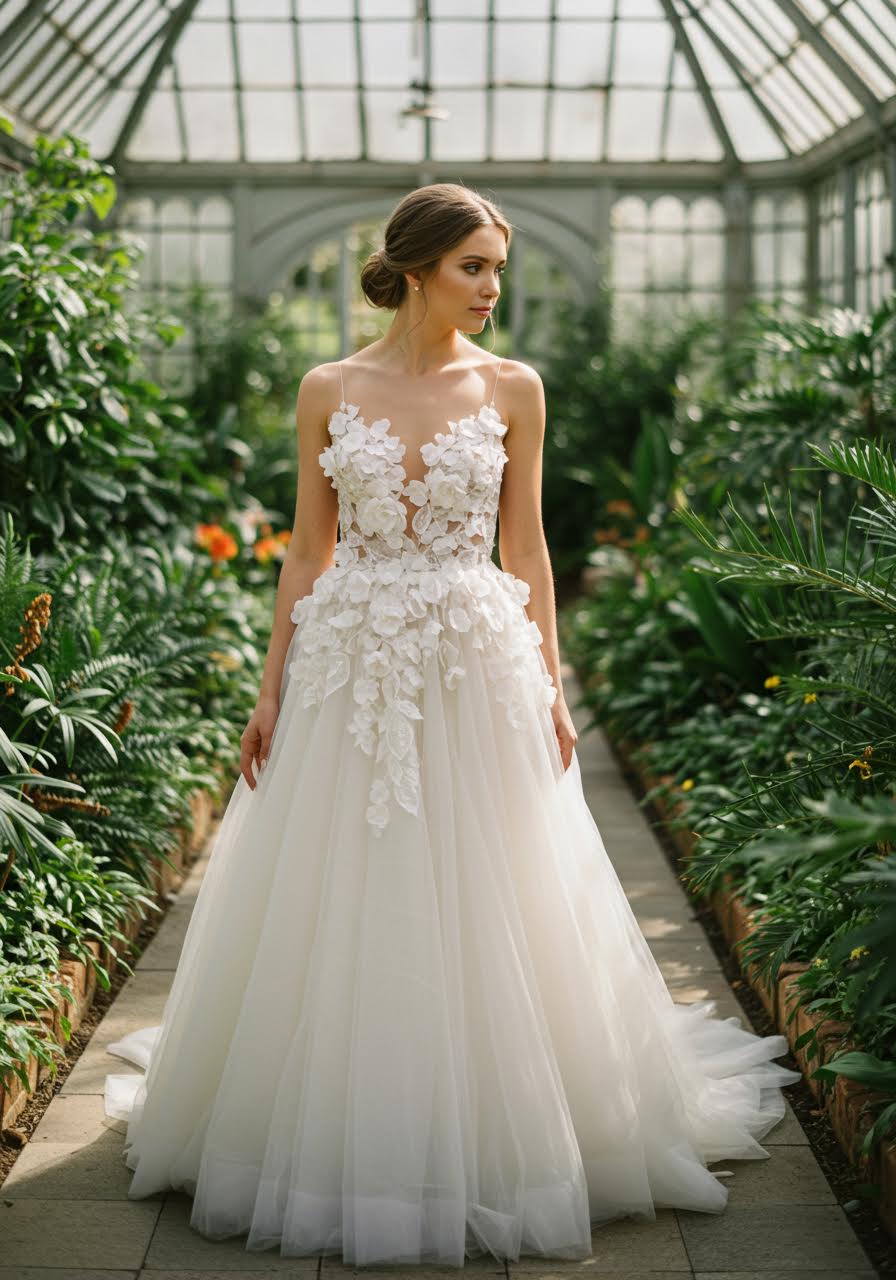 Bride with dimensional floral bodice standing in conservatory with golden hour lighting