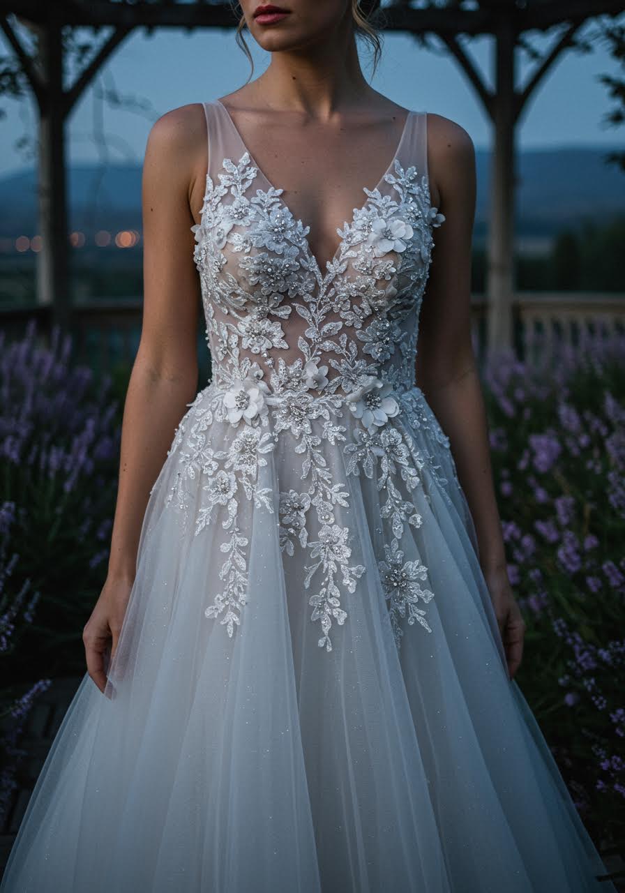 Bride in silver metallic floral gown with shimmering appliqués in moonlit garden setting