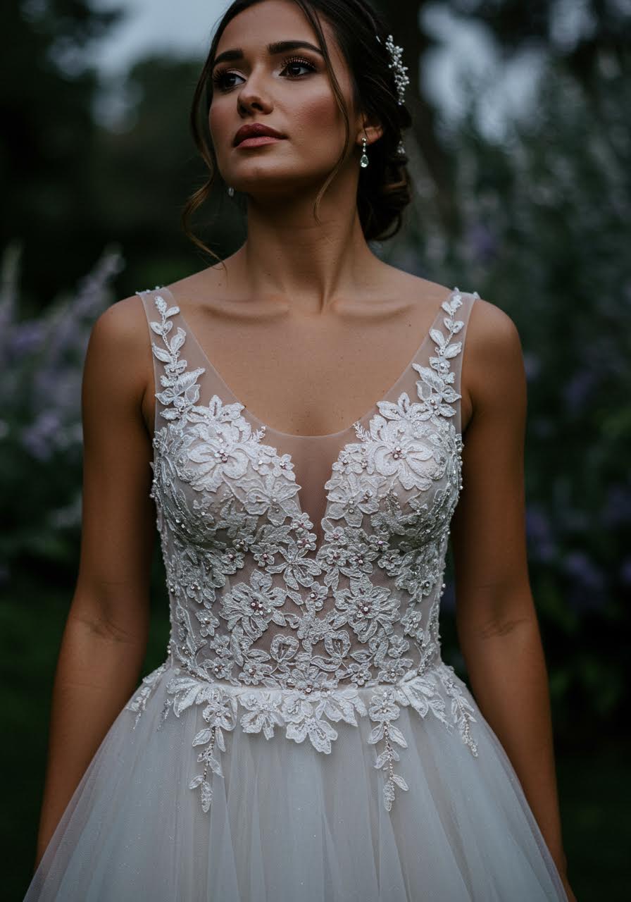 Portrait of bride in silver gown standing in moonlit pavilion with ethereal lighting