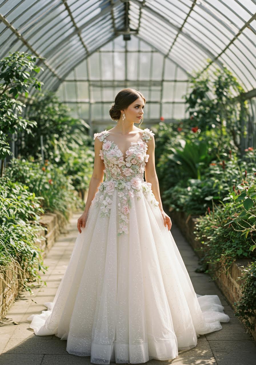Bride in flowing floral gown standing in golden-lit conservatory surrounded by glass panels