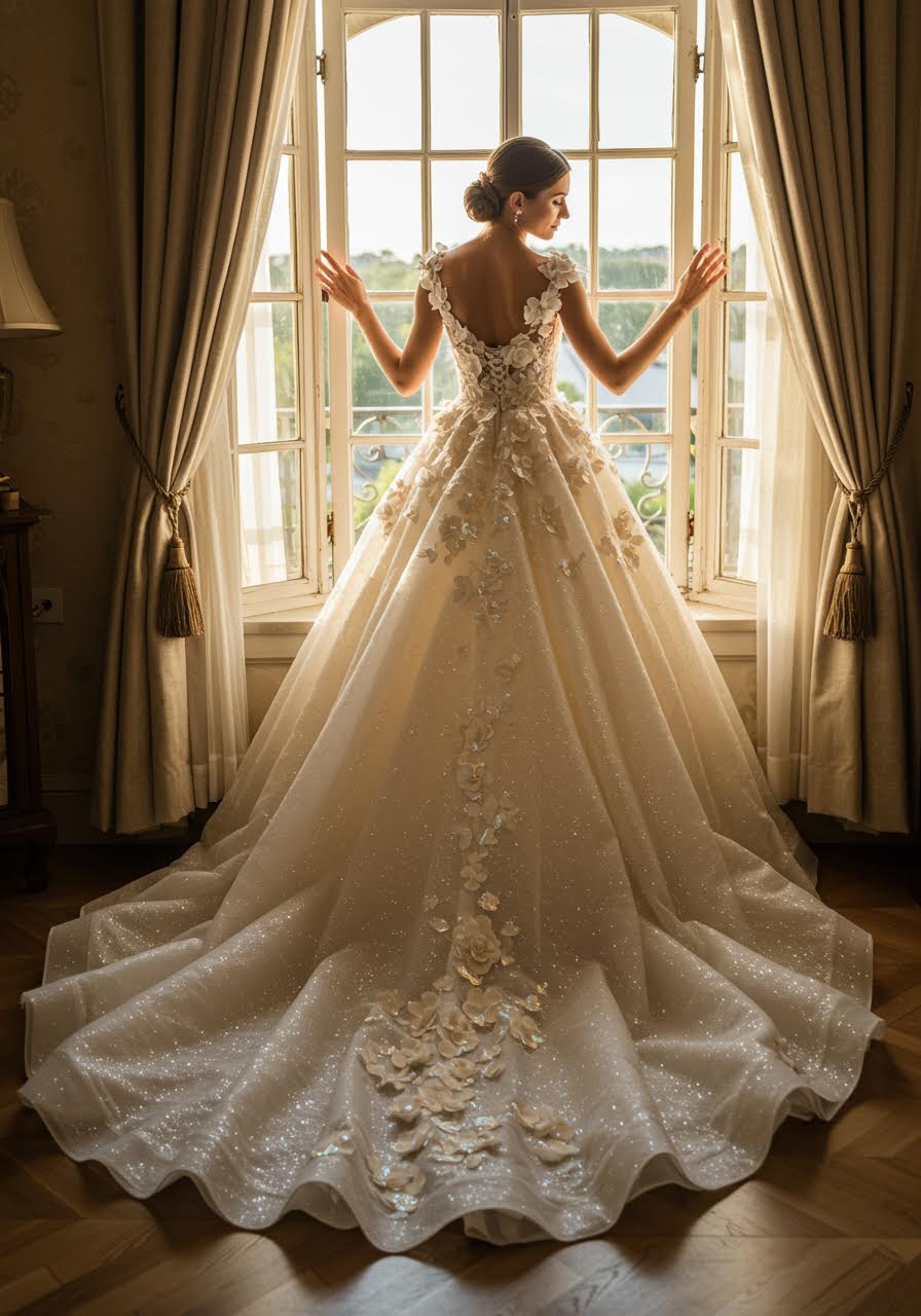 Wide-angle shot of bride in conservatory with French windows and natural lighting