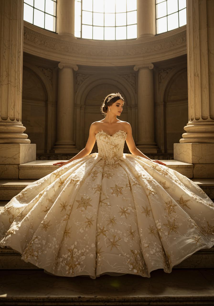 Bride standing on marble steps in conservatory with classical architectural elements