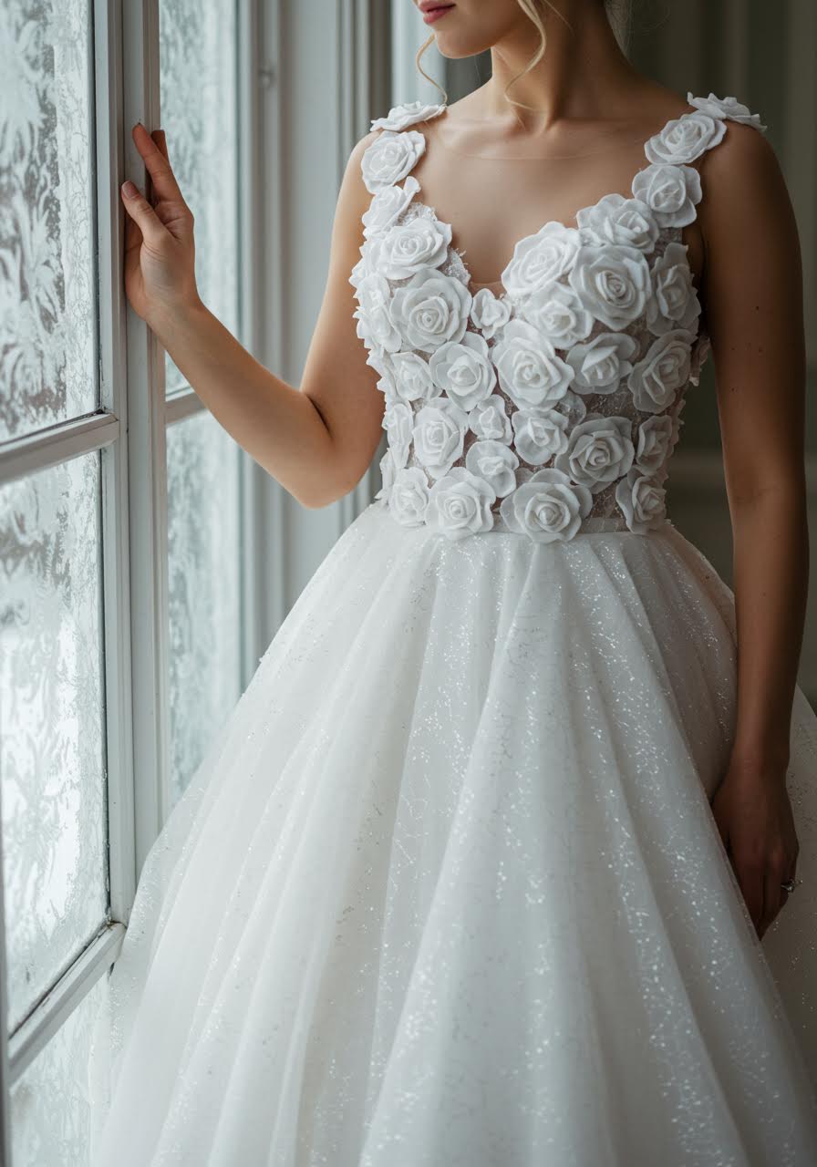 Bride in winter rose gown standing in frosted conservatory with crystalline rose details