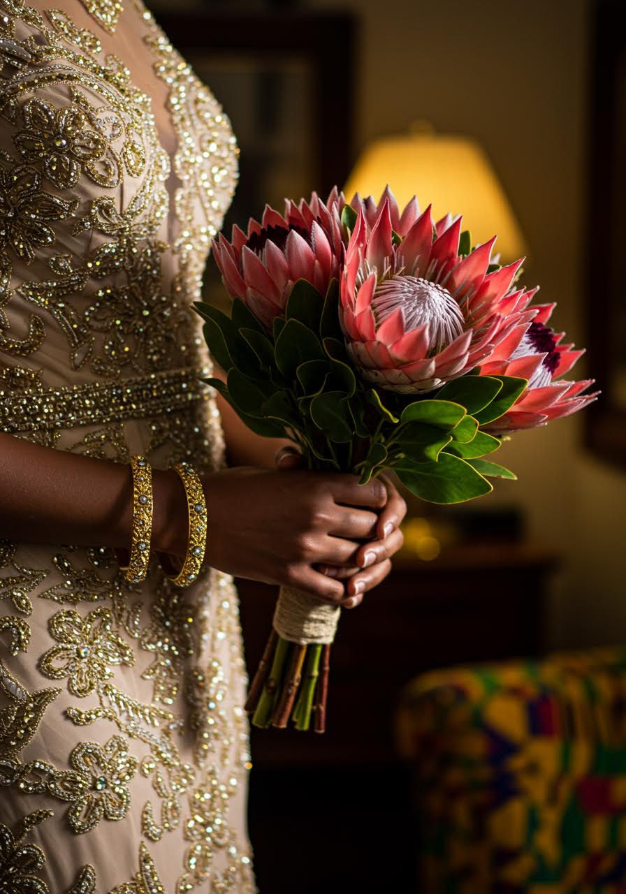 Detailed view of bridal hands holding striking protea bouquet with tropical greenery and textured petals