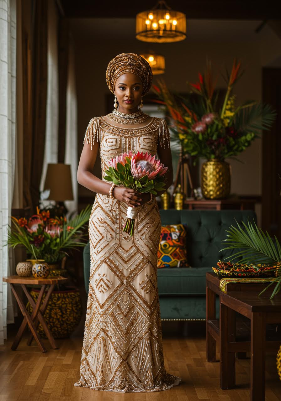 Stunning African bride in modern beaded wedding gown holding vibrant protea bouquet in tropical garden
