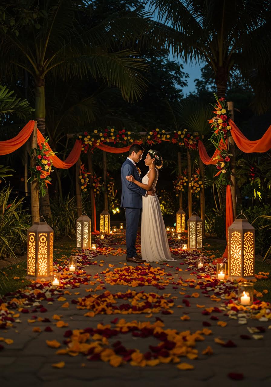 Intimate moment of couple embracing beside ornate lanterns creating magical ambiance in garden ceremony space