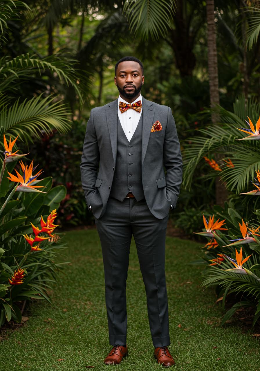 Dapper groom in charcoal suit with Ankara fabric accents posing confidently in lush tropical garden setting