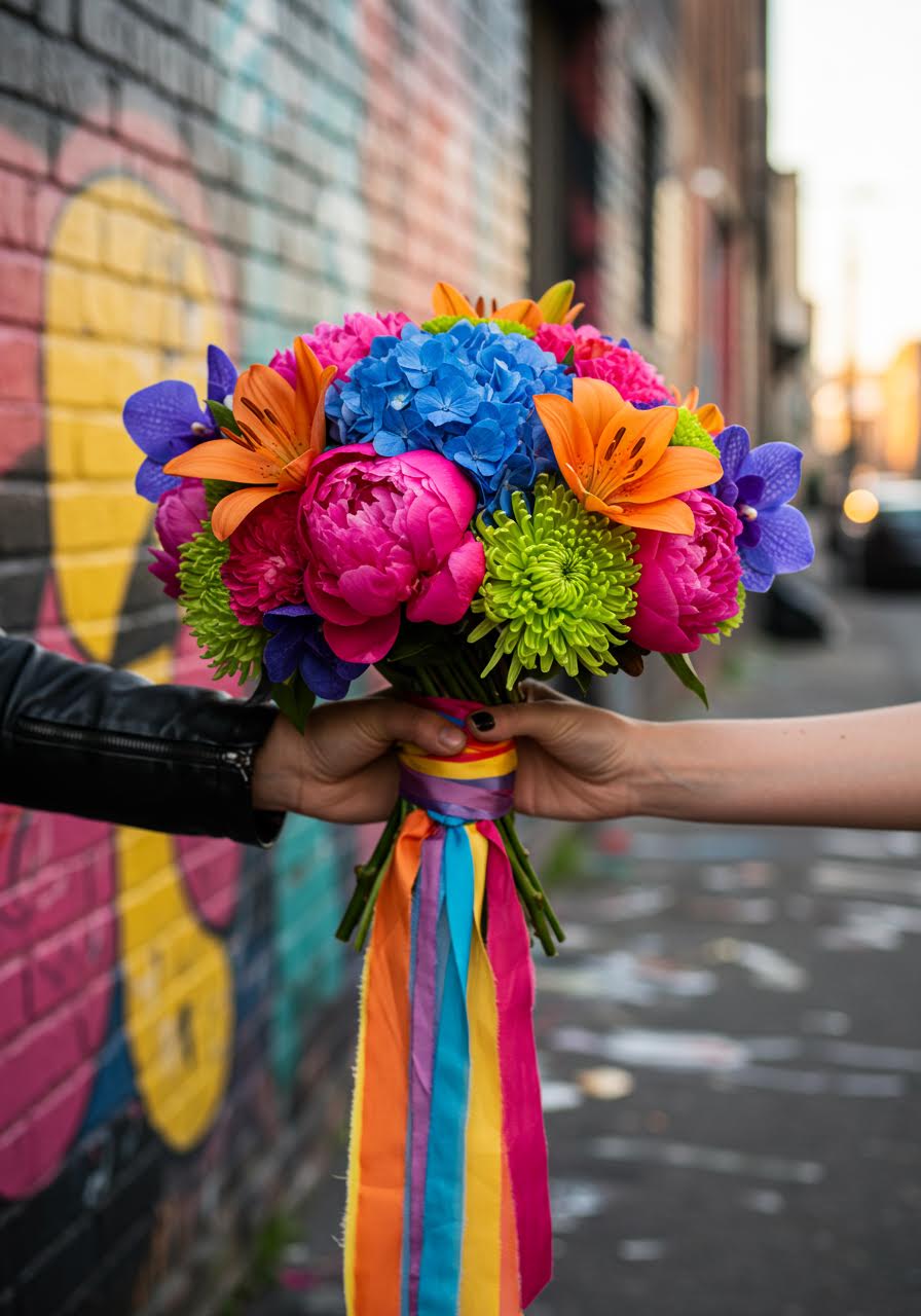 Bold multi-coloured wedding bouquet featuring bright flowers against street art mural