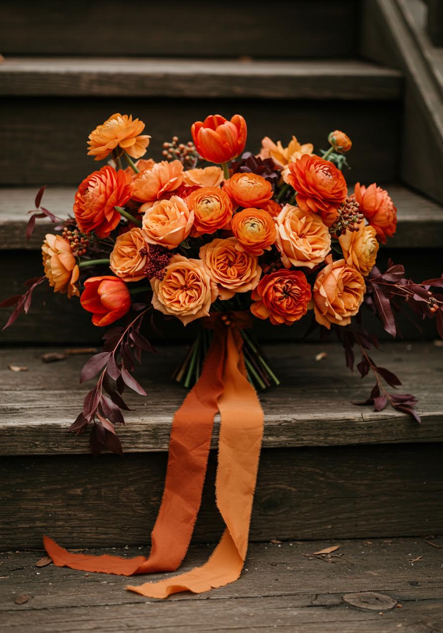 Detailed macro shot of sunset-inspired orange bouquet with wooden steps background
