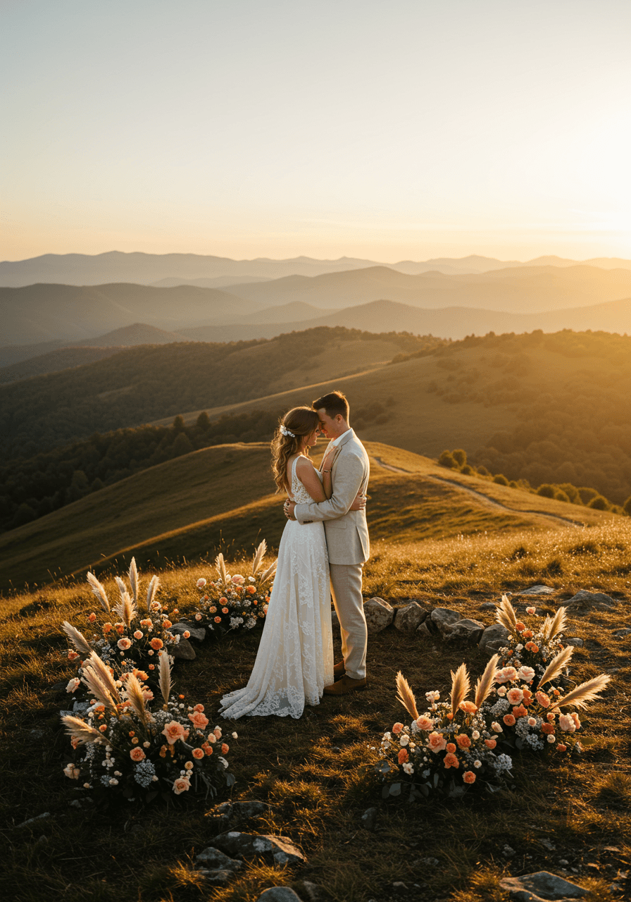 Sunrise mountain wedding ceremony with couple embracing in soft morning light
