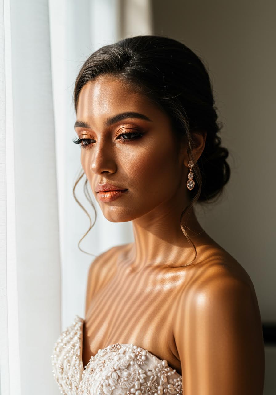 Luminous bride with bronzed makeup featuring copper eyeshadow and sun-kissed cheekbones beside floor-to-ceiling windows during late afternoon