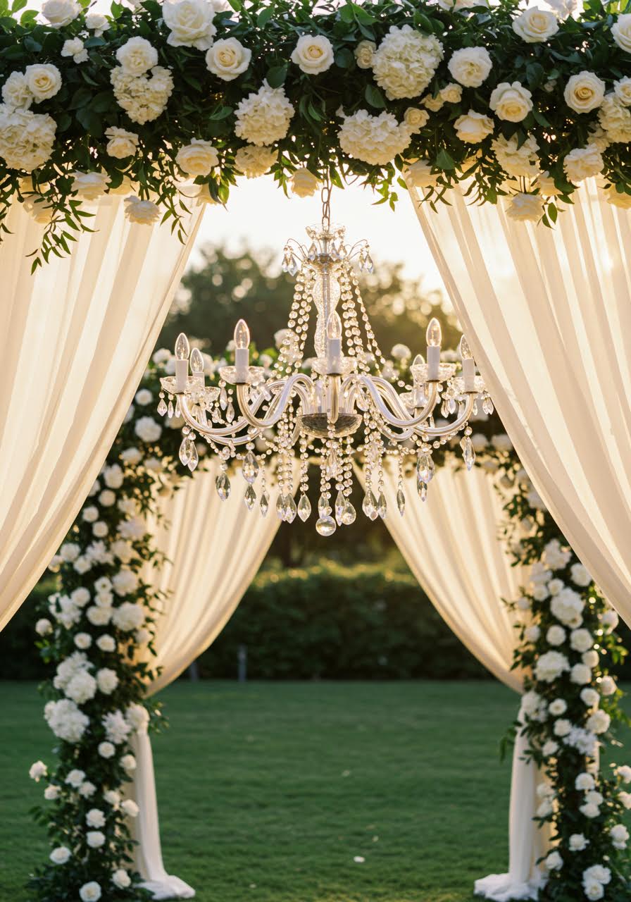Crystal chandelier suspended above outdoor wedding ceremony with white roses in garden